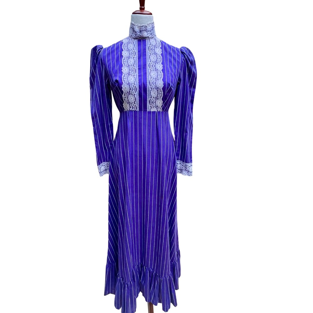 Vintage Handmade Purple Pinstripe Prairie Maxi Dress Lace High Neck Victorian S